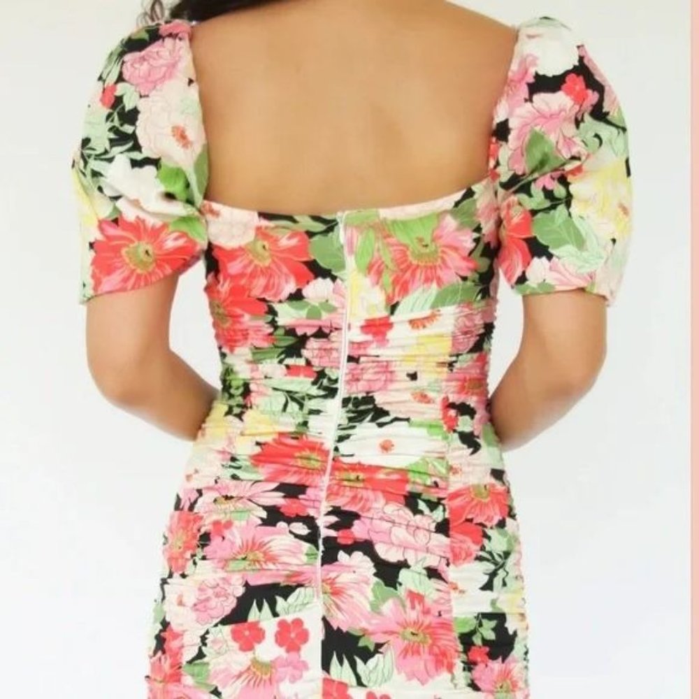 Zara Smocked Floral Ruched Puff Sleeve Mini Dress XS - Picture 5 of 11